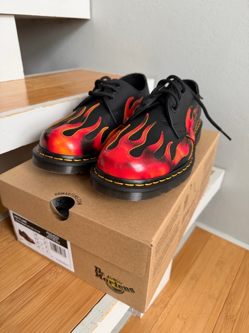 Dr. Martens Black Leather Oxfords with Red & Orange Flame Print